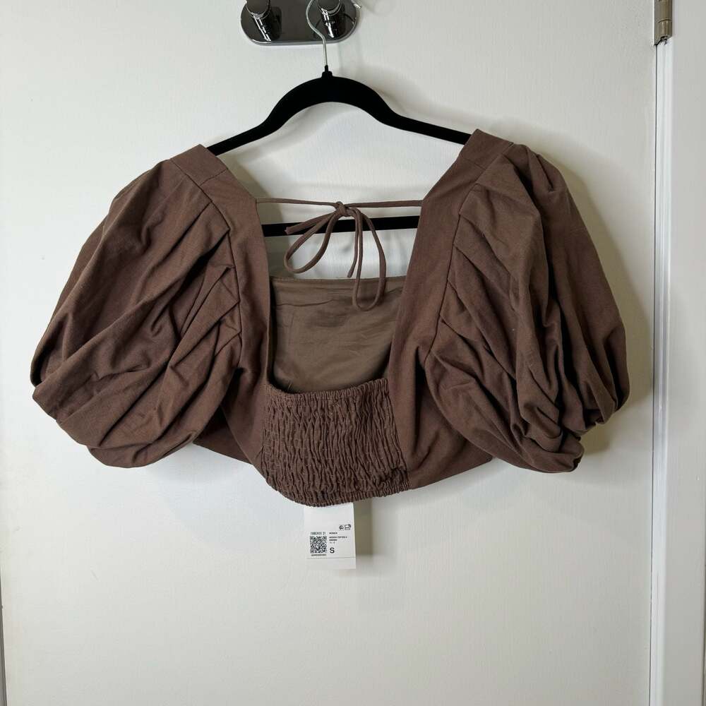 Forever 21 Brown Woven Square Neck Puff Sleeve Smocked Crop Top - Picture 2 of 4